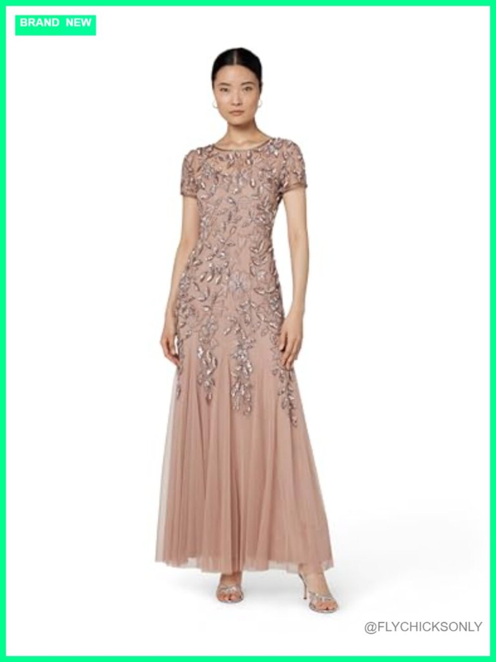 Adrianna Papell Floral Beaded Godet Evening Gown A-Line Sheer Formal Dress